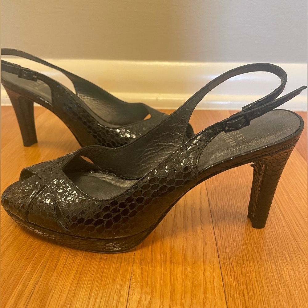 Stuart Weitzman Black Animal Print Keyhole Sling Back Heels